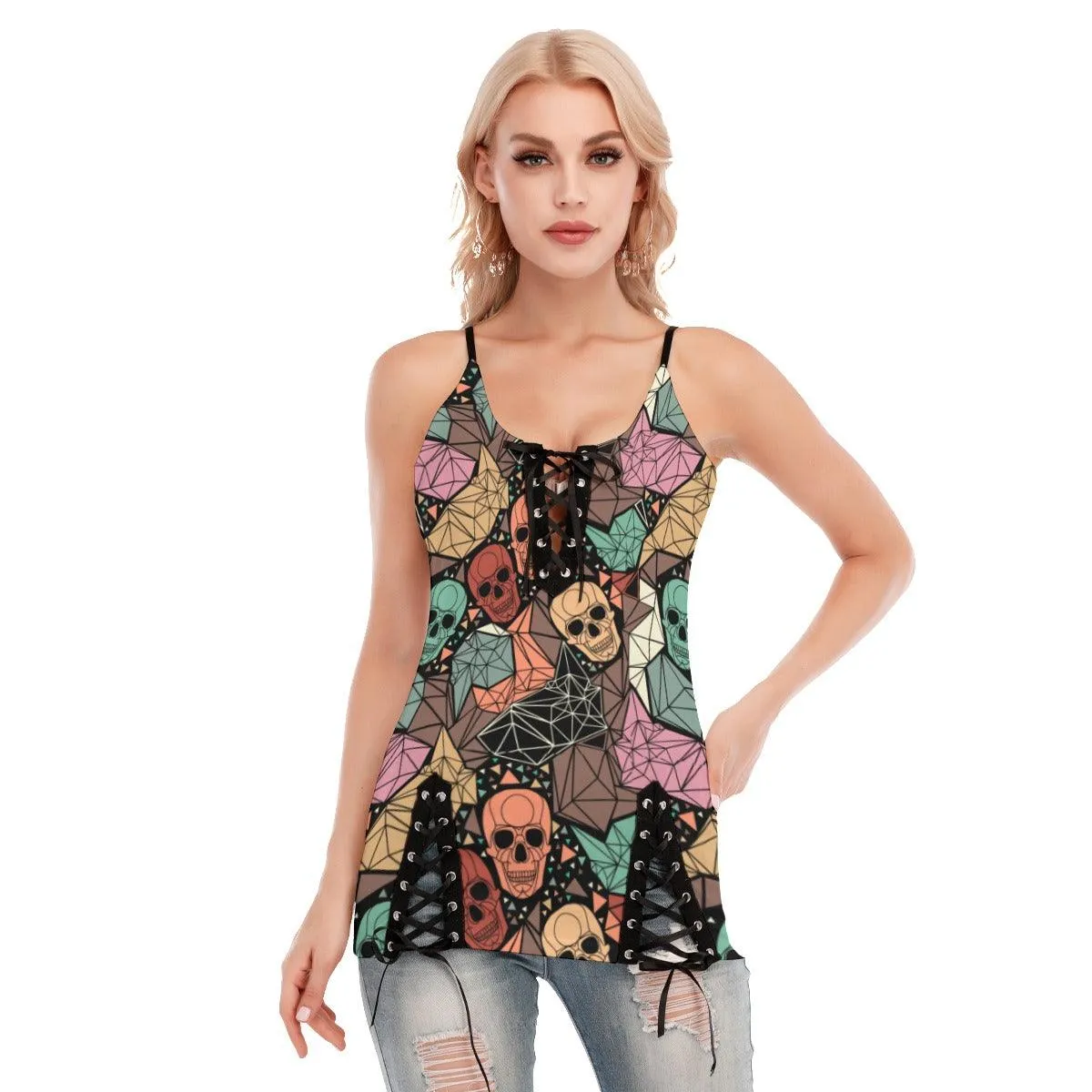 Skull Colorful Pattern Gothic Eyelet Lace-up Letter Dress