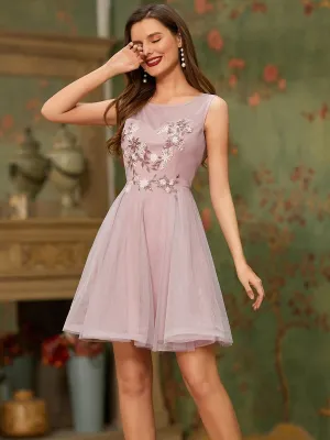 Sleeveless Round Neck See-Through Floral Prom Dresses