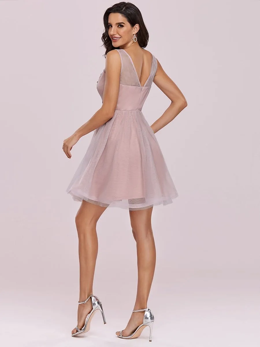 Sleeveless Round Neck See-Through Floral Prom Dresses