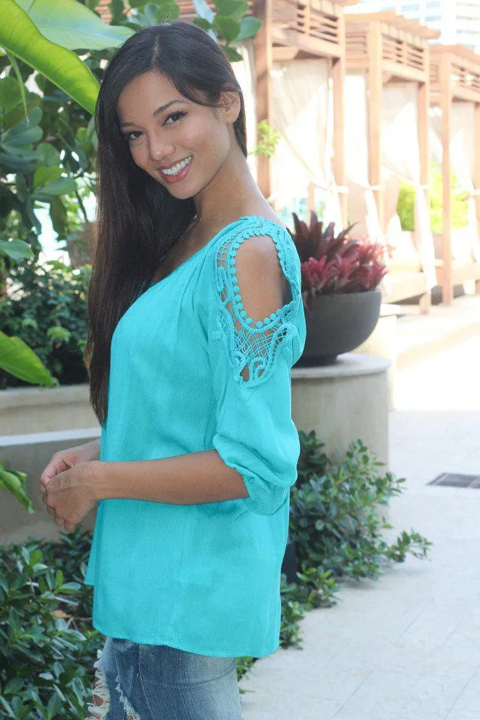 Teal Crochet Open Shoulder Top