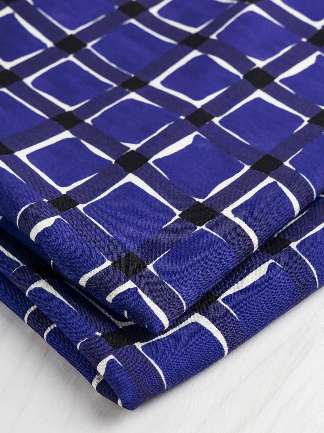 Watercolour Check Print Viscose - Blueberry   Cream - Swatch