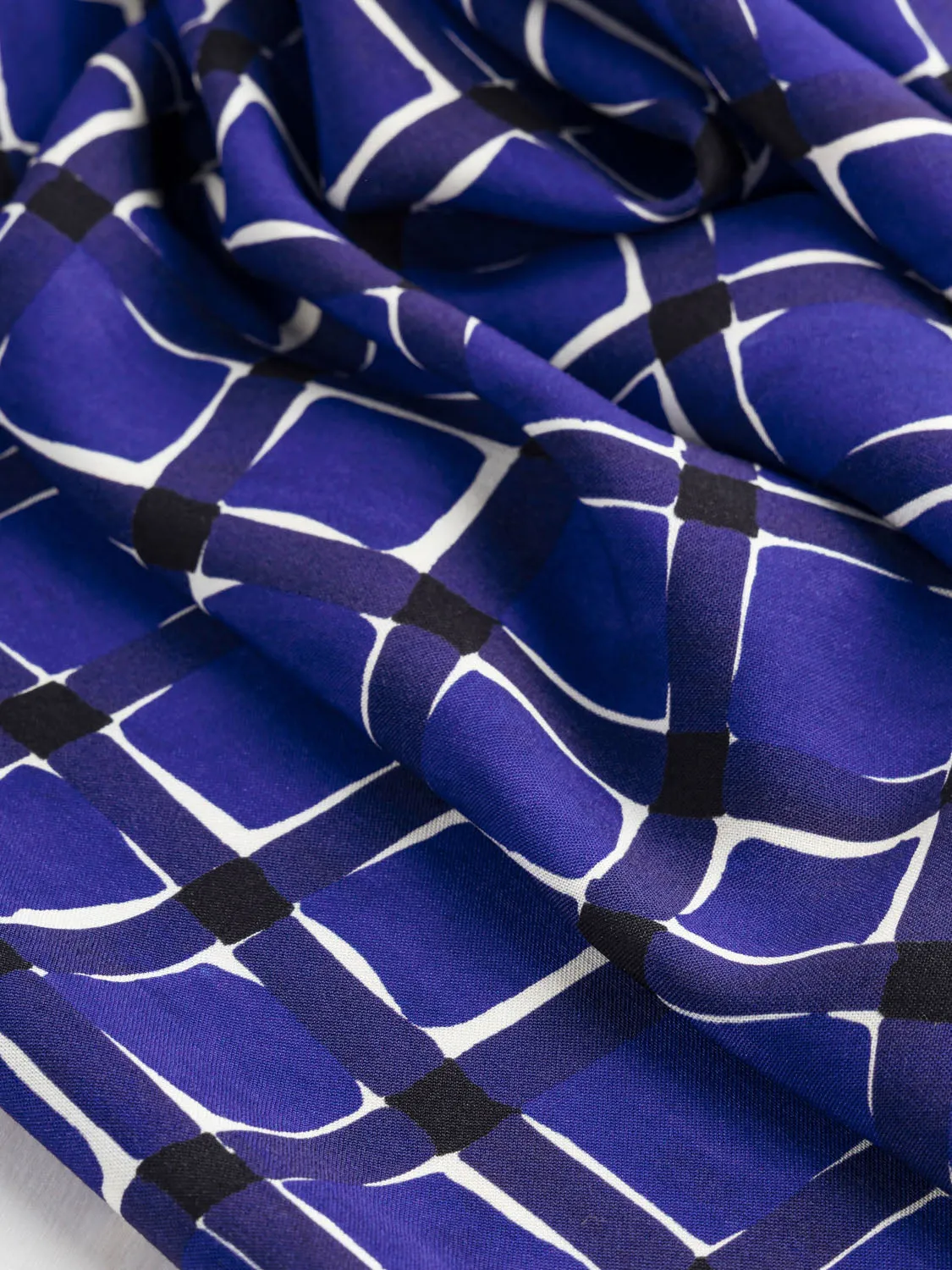 Watercolour Check Print Viscose - Blueberry   Cream - Swatch