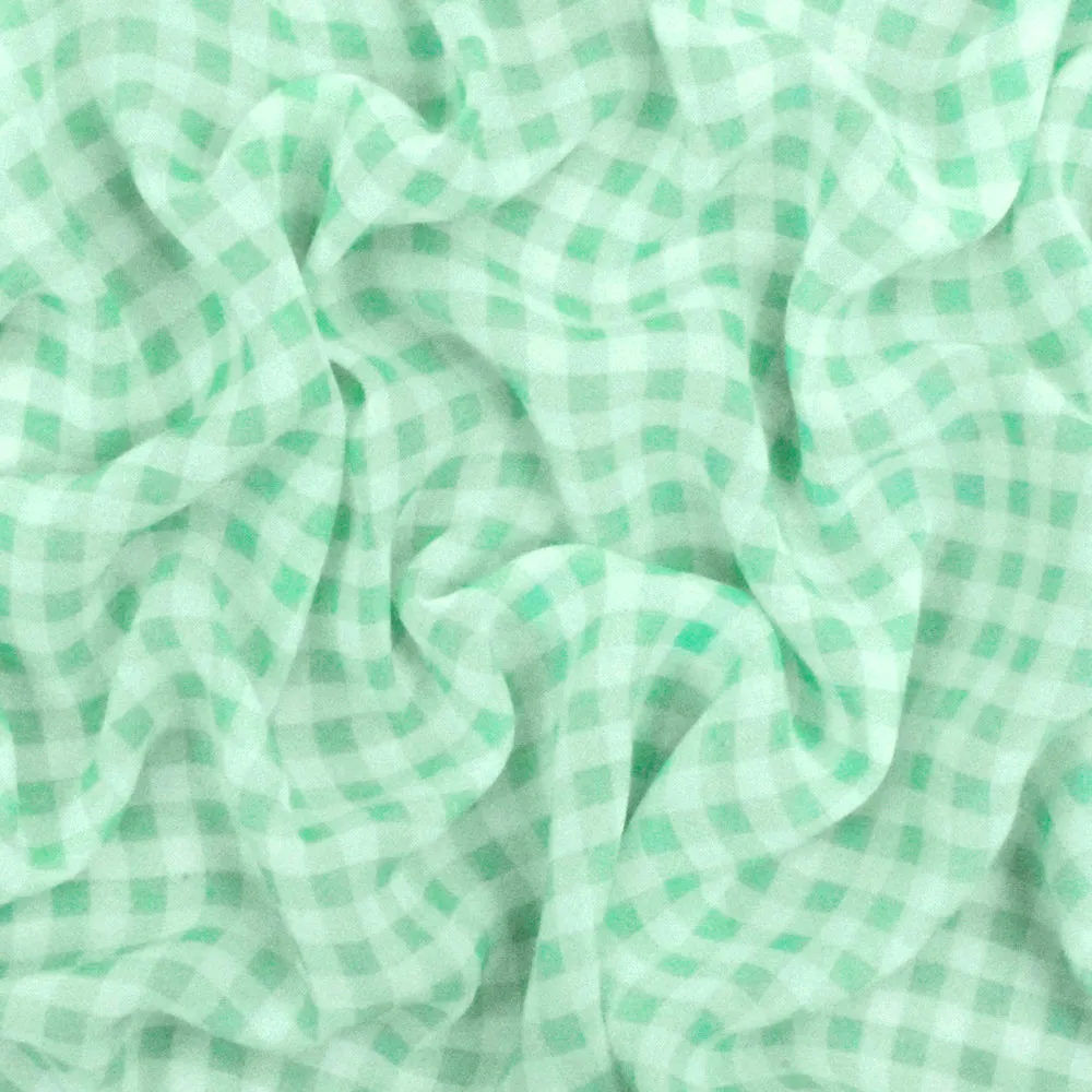 White-Green Gingham Printed Polyester Chiffon Woven Fabric