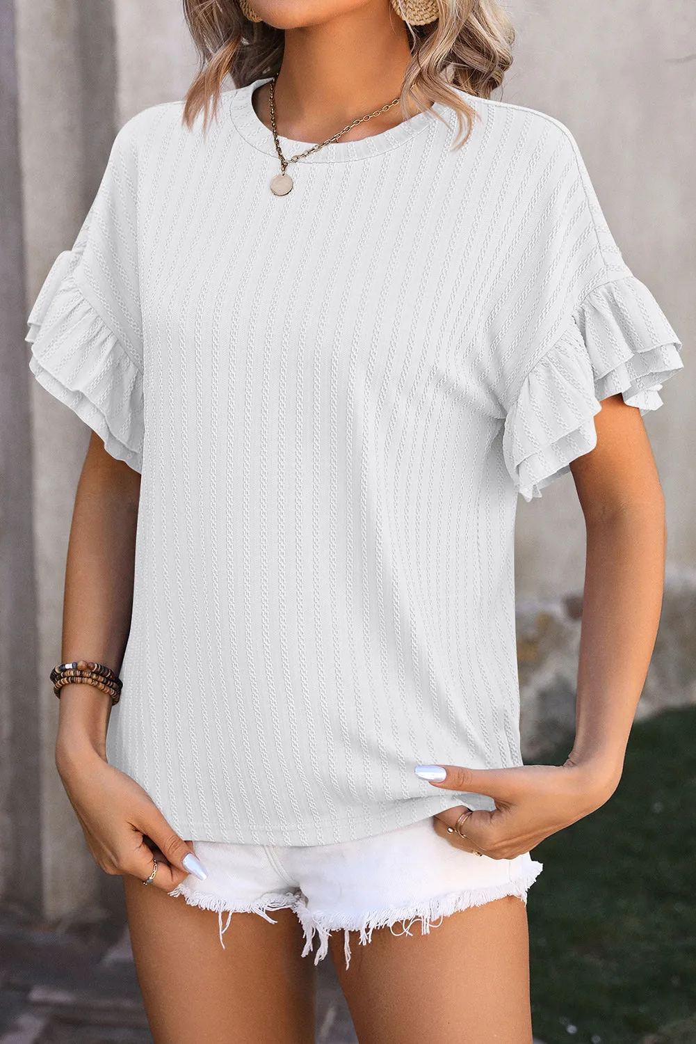 White Solid Color Layered Ruffle Sleeve Textured Blouse