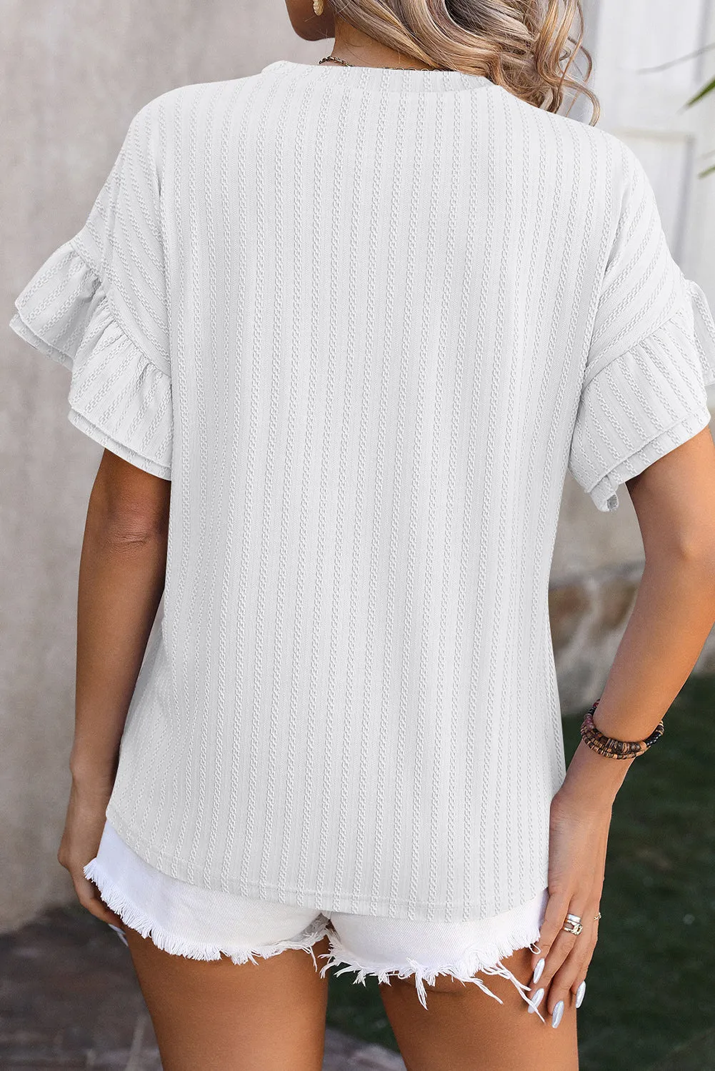 White Solid Color Layered Ruffle Sleeve Textured Blouse