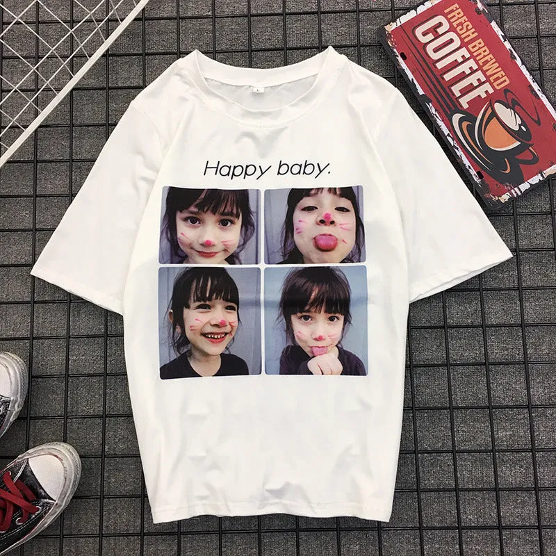 Women Student T-Shirt Summer Short Sleeve Loose Adorable Korean Feminine Cartoon All-Matching College Tops T-Shirt