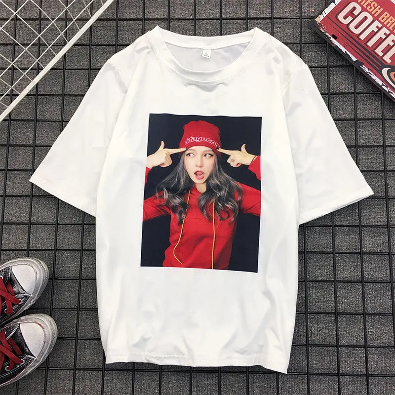 Women Student T-Shirt Summer Short Sleeve Loose Adorable Korean Feminine Cartoon All-Matching College Tops T-Shirt